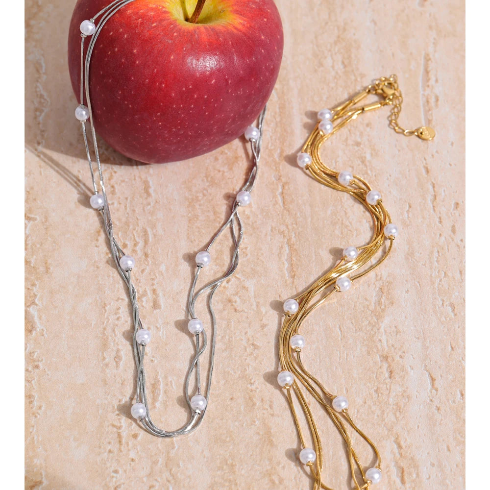 women’s gold plated stainless steel layered necklace with simulated pearls