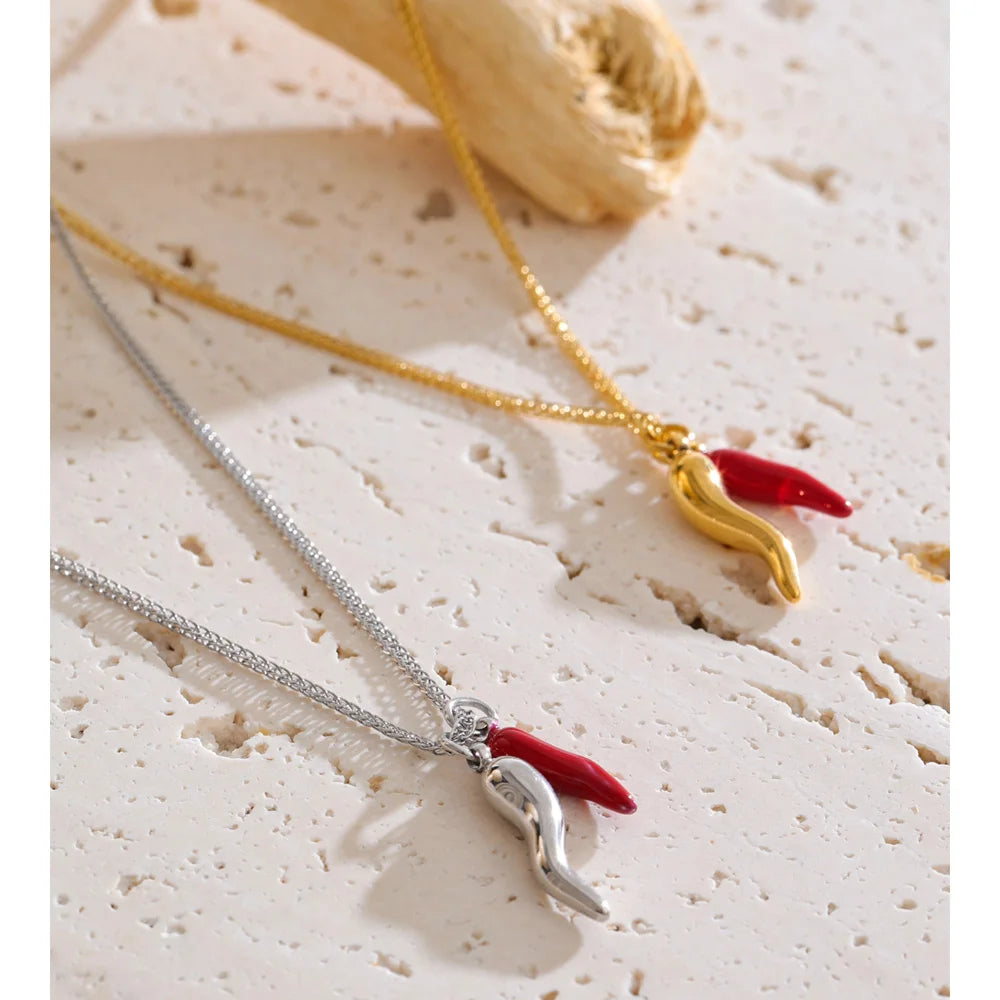 Enamel chili pendant on necklace gold necklace chain