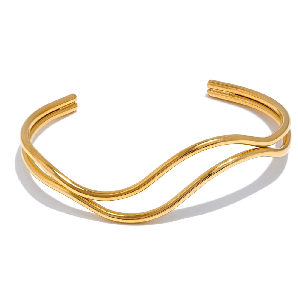 Elegant gold bracelet with double layer hollow cuff design