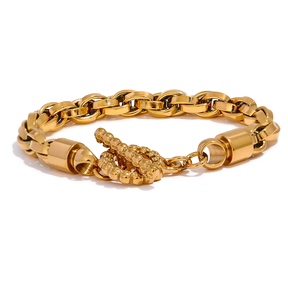 Gold plated chain bracelet shown as a simple daily stack