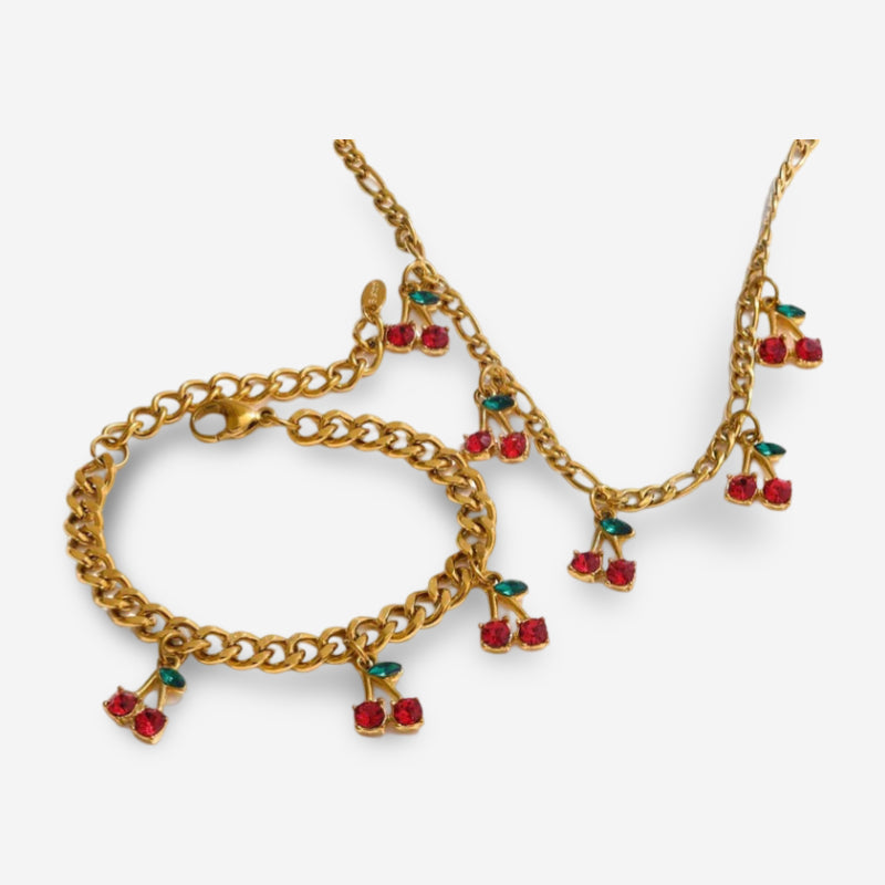 Cherry drop chain necklace and bracelet set gold plated stainless steel