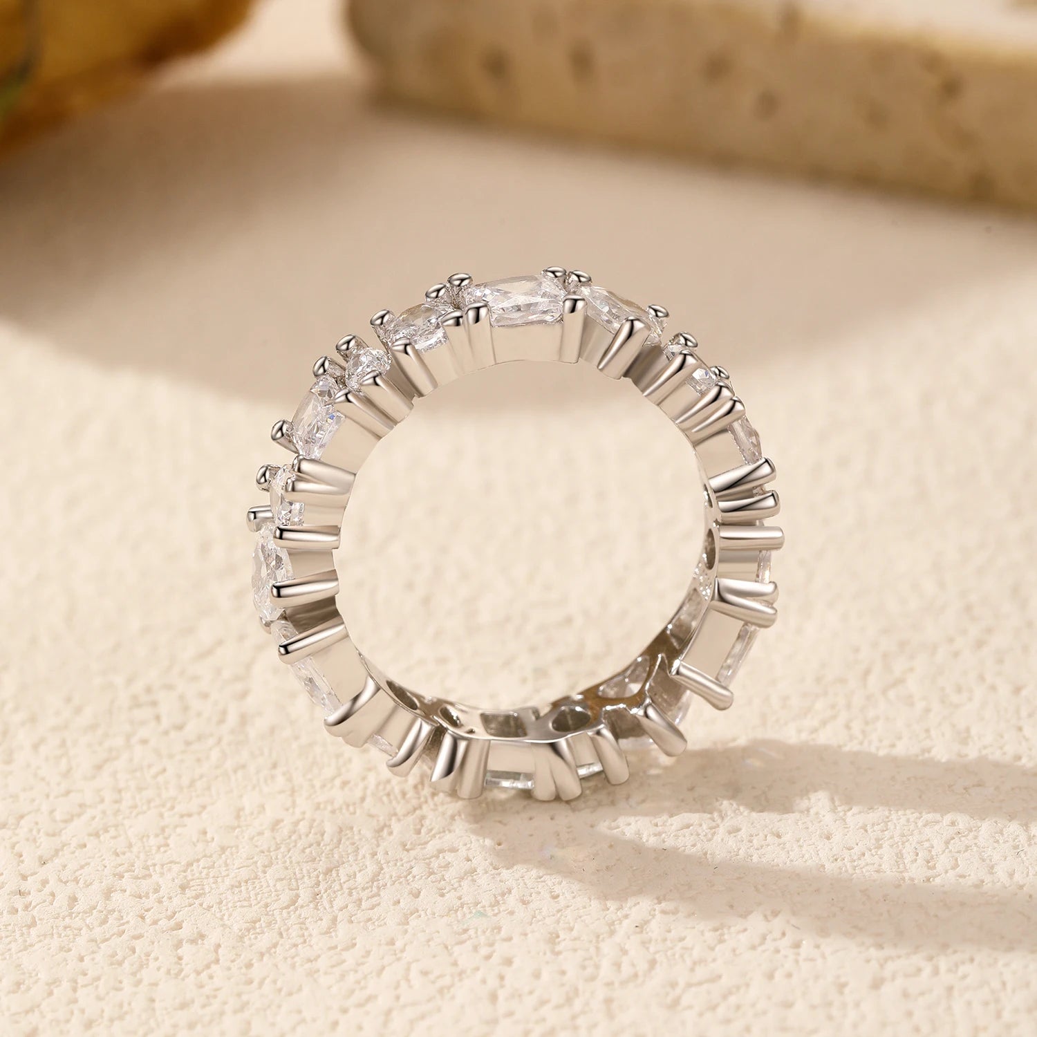 Zirconia wedding band rings styled in a sleek geometric ring