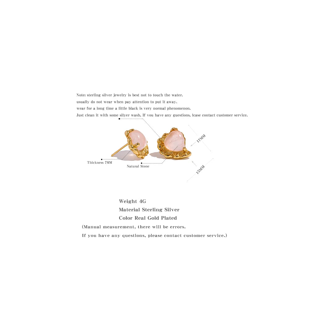 Stud earrings framed by sterling silver earrings and gentle rose quartz