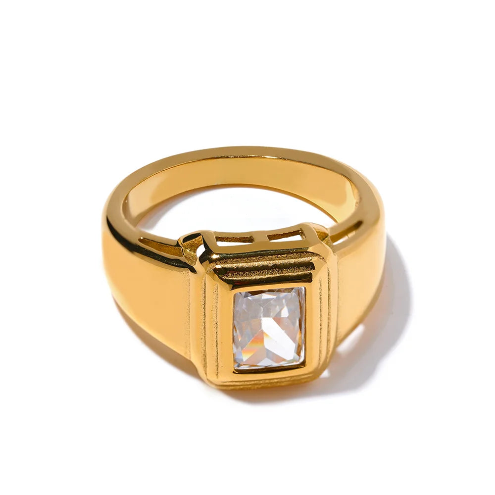 White and green cubic zirconia square ring in stainless steel