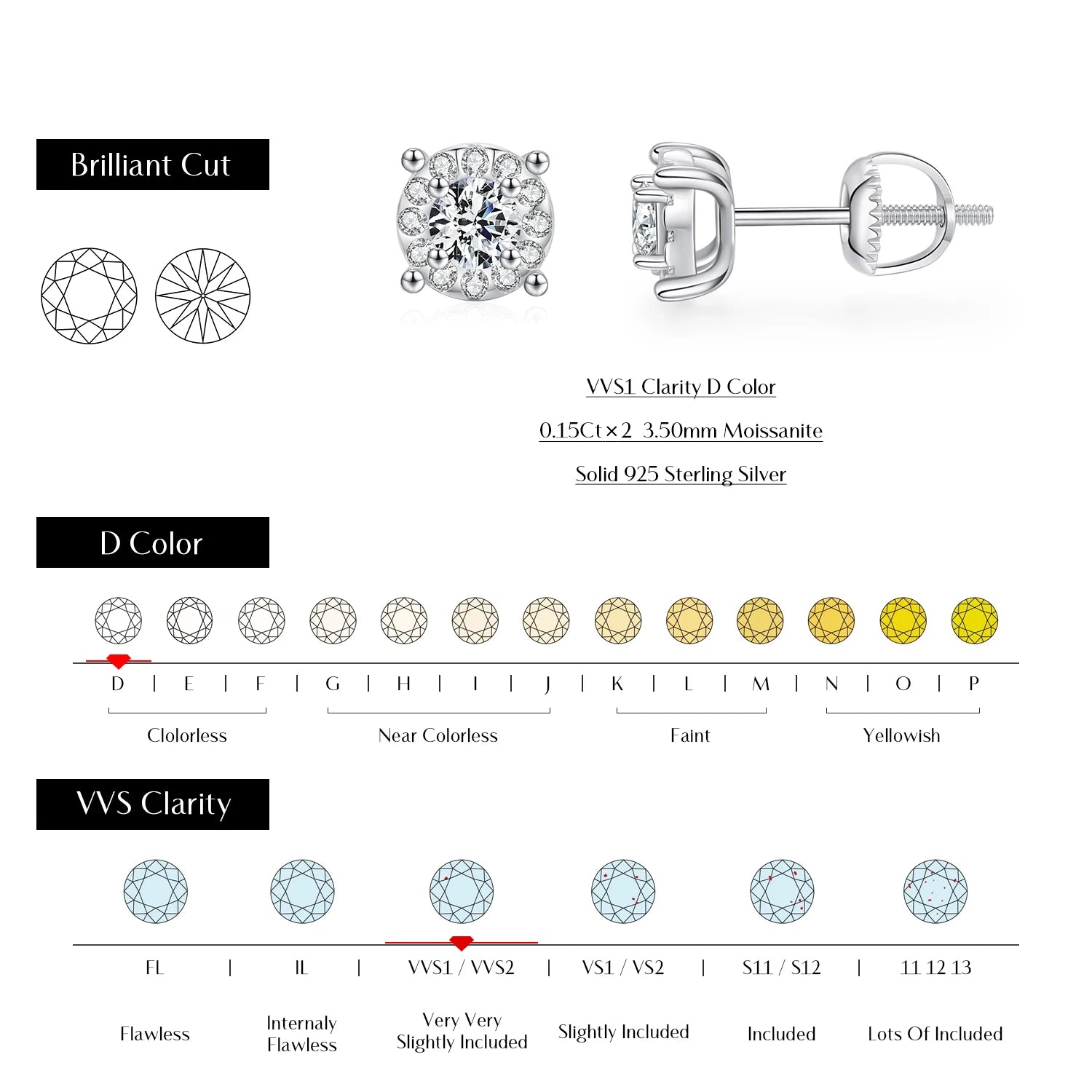 Silver studs styled as classic diamond earrings with moissanite jewelry shine