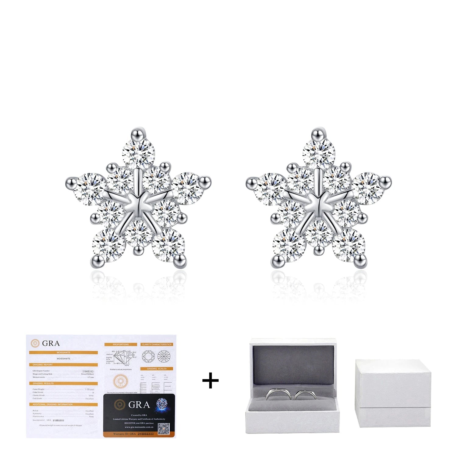 Model wearing D Color moissanite snowflake stud earrings.