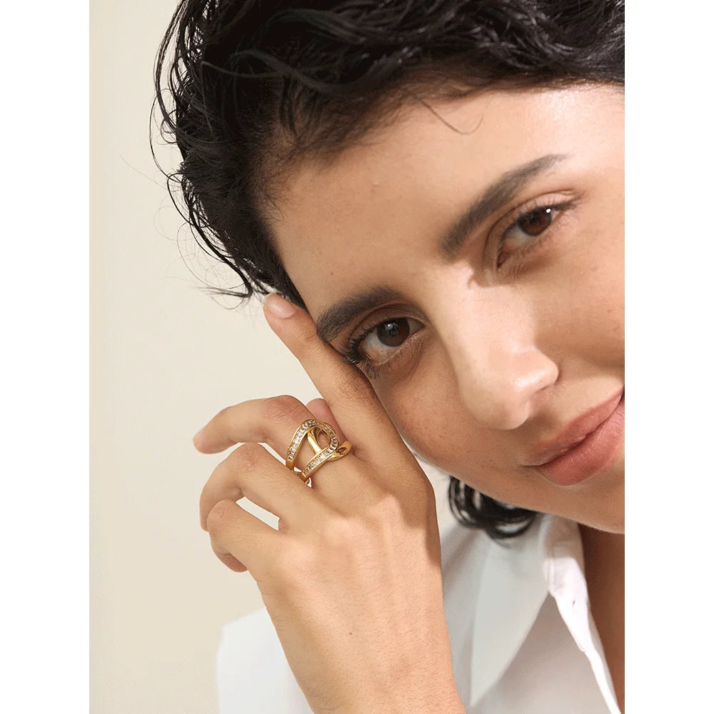 Close-up of cubic zirconia ring showing sparkling zirconia accents