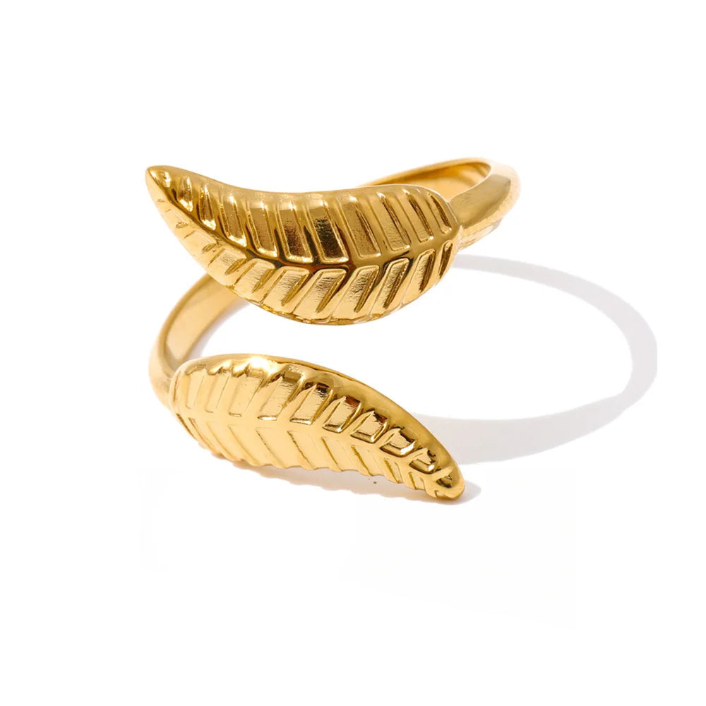 Gold plated adjustable leaf ring in stainless steel