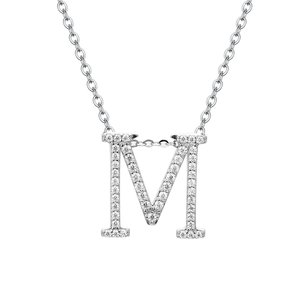 Necklace letter M on a sterling silver necklace with silver color glow