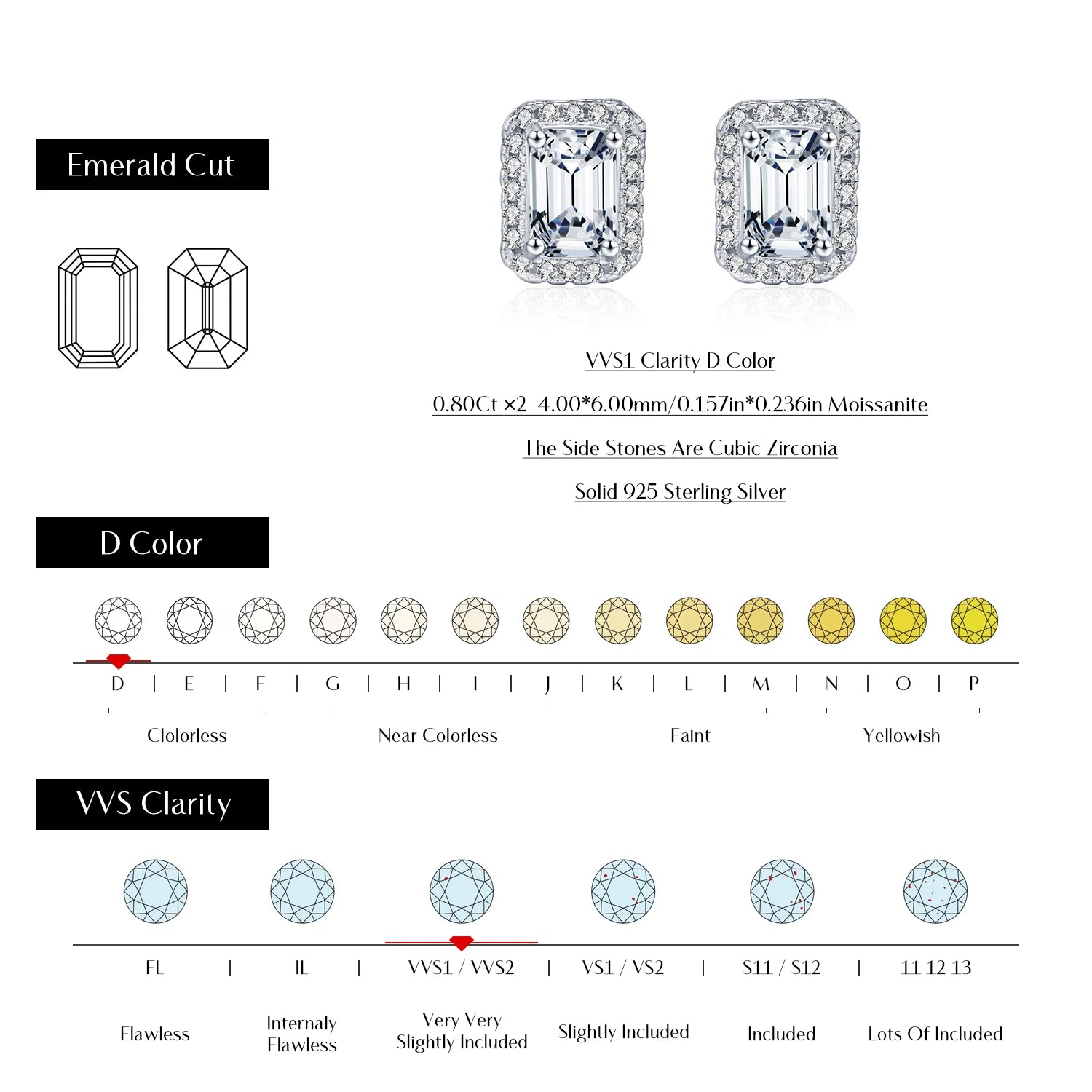 Polished 925 silver earrings studs silver with moissanite
