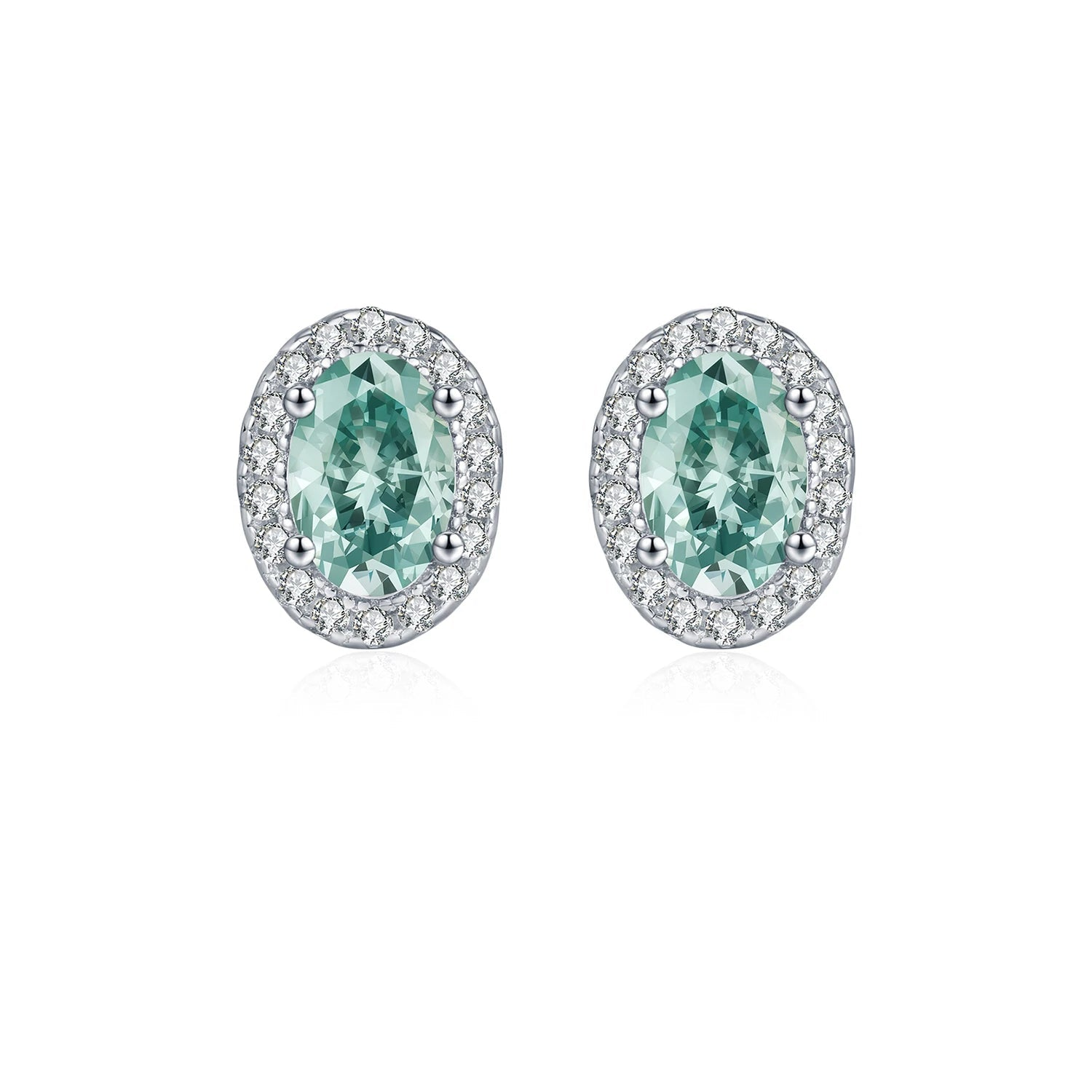 Green moissanite oval halo stud earrings in polished 925 sterling silver