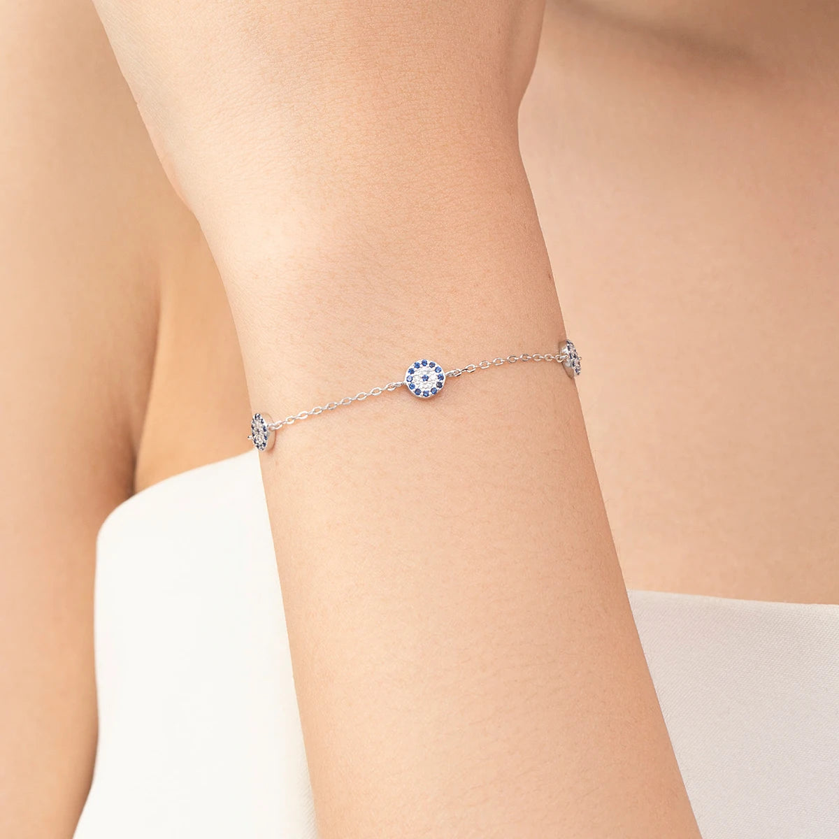 Sterling silver blue eye charm bracelet for women