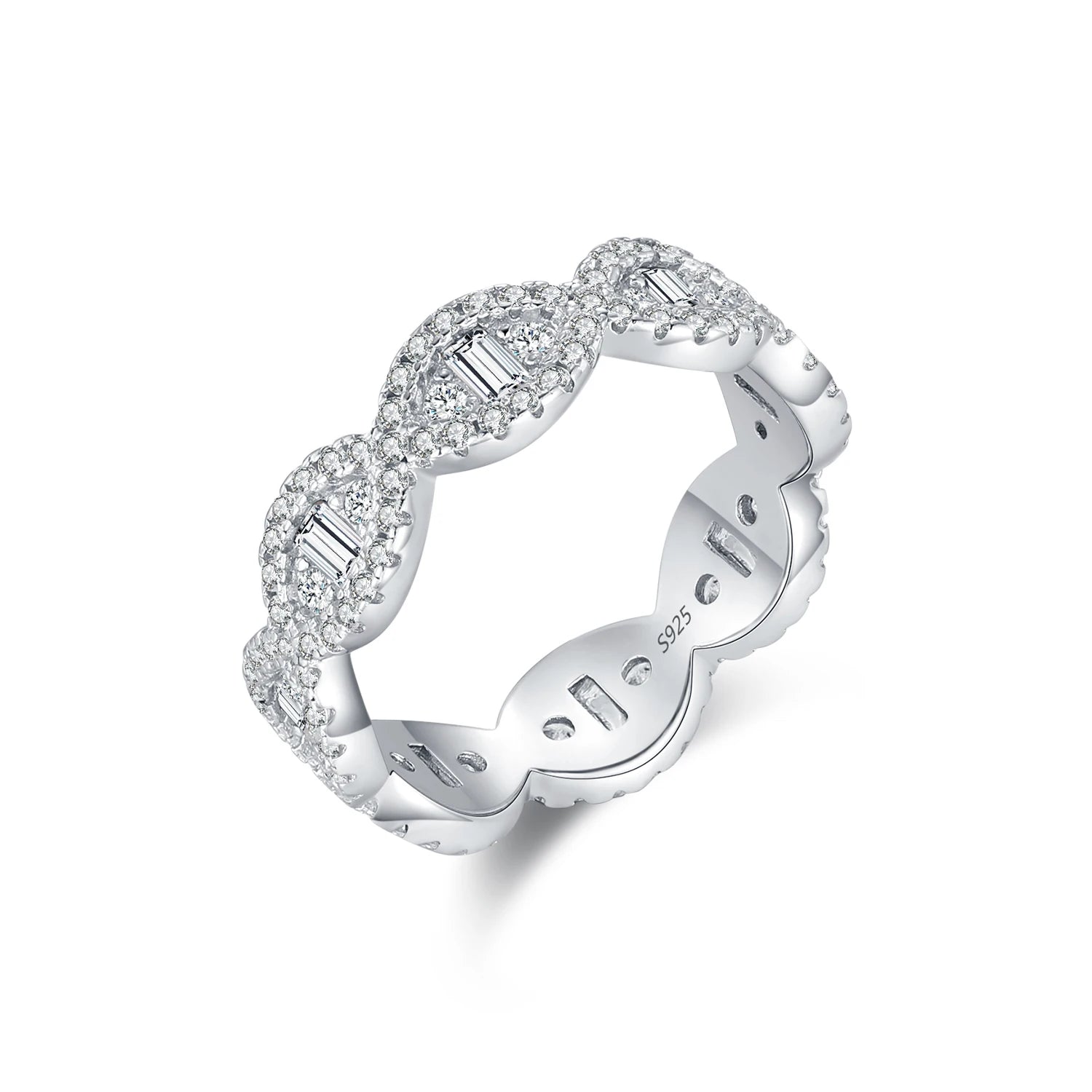 Polished 925 silver band with full circumference CZ for an eternity band ring look