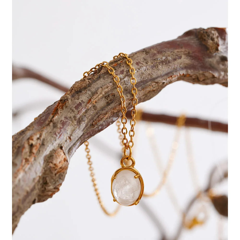 Stainless steel jewelry necklace with natural stone oval charm