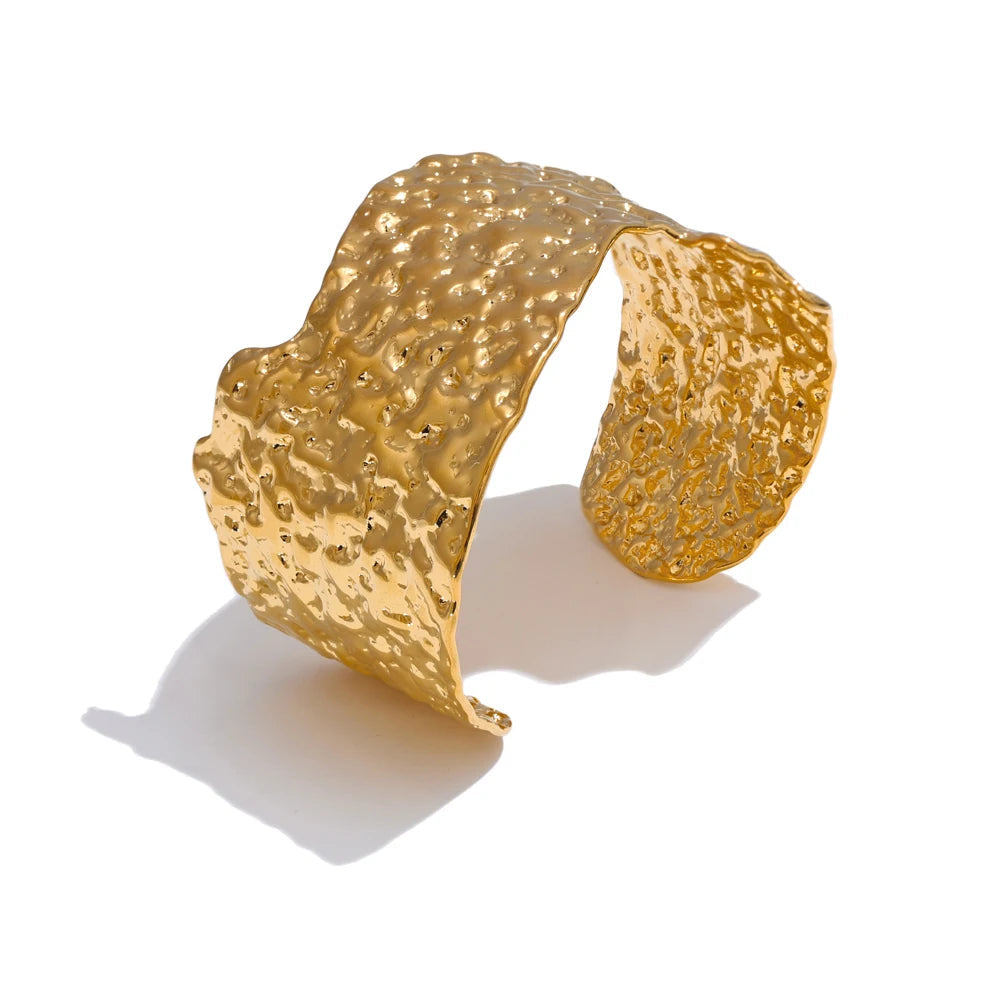 Hammered wide open cuff bracelet with gold plated finish
