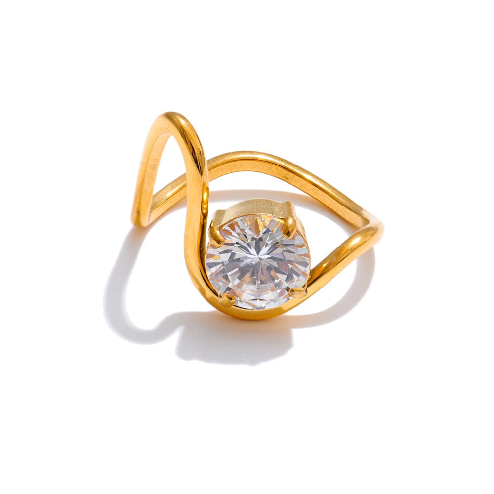 Adjustable irregular geometric thin ring with cubic zirconia in gold plated stainless steel jewelry