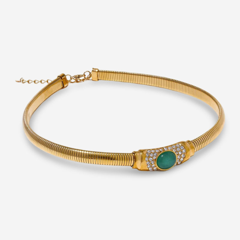 Elastic Cuban chain choker necklace in gold-tone stainless steel with green zircon