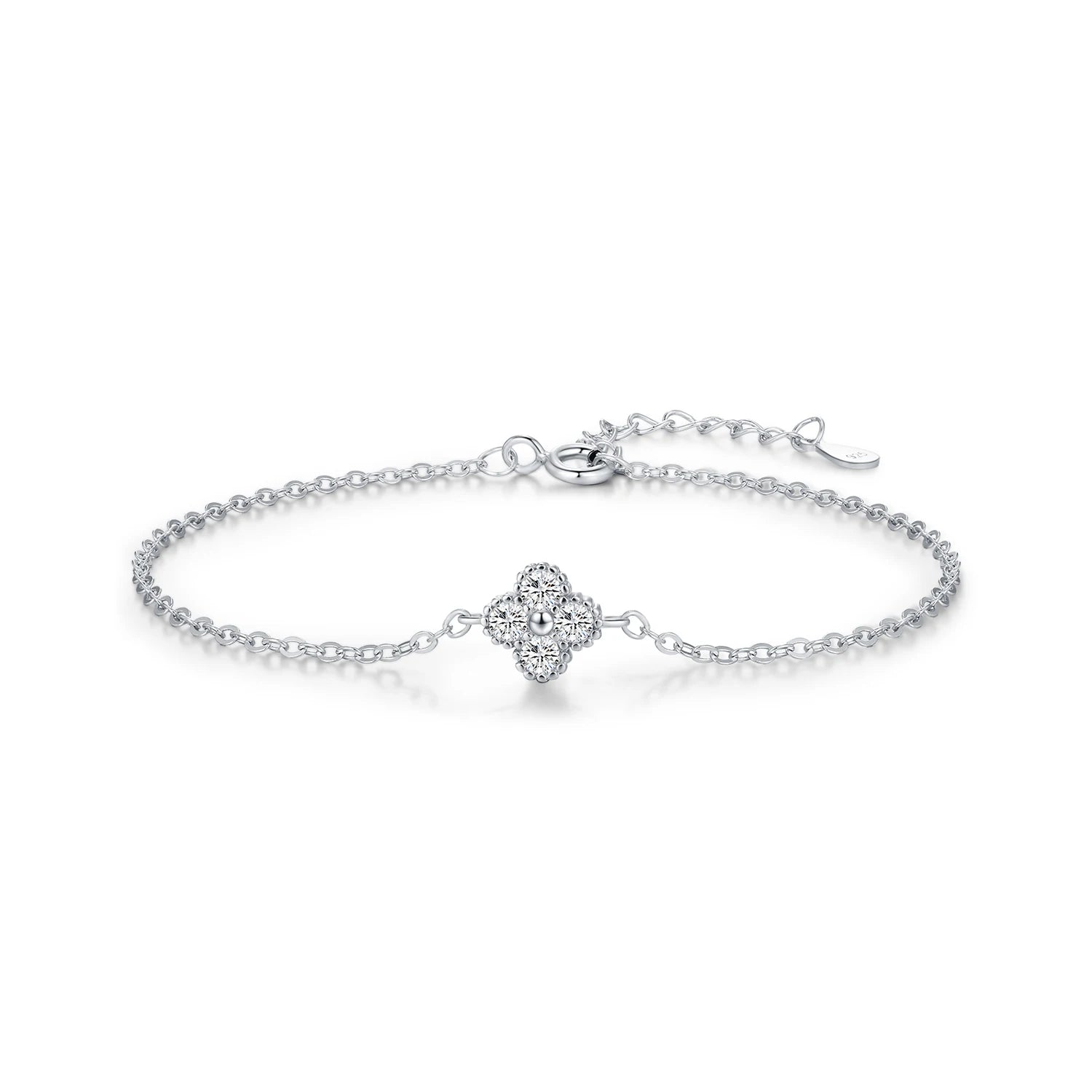 Chain bracelet with four leaf clover CZ charm on fine links