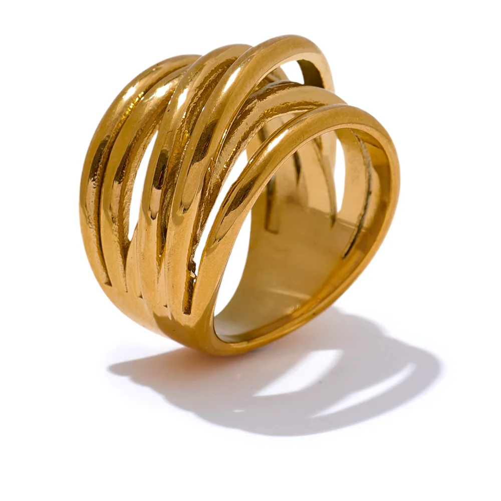 Gold ring with wide geometric pattern in stainless steel rings