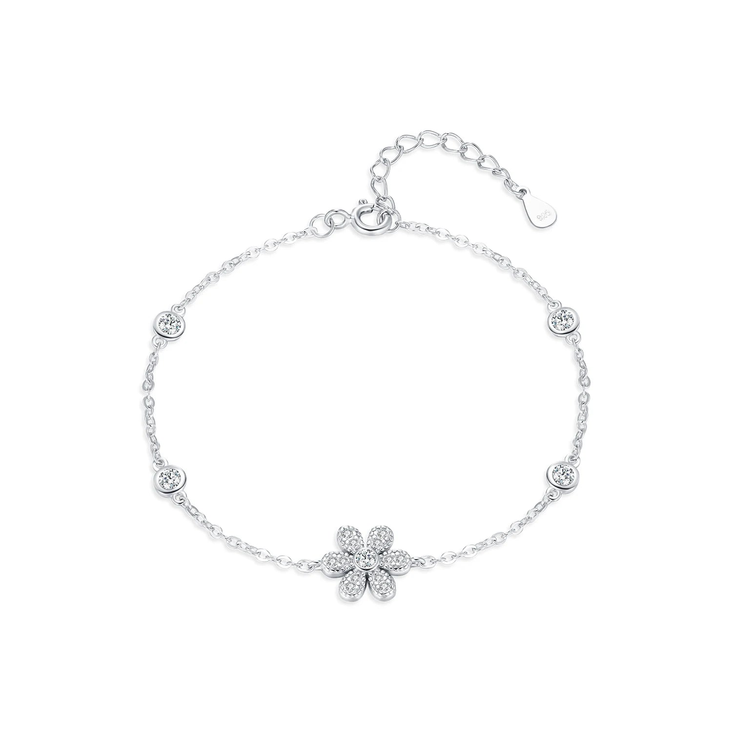 Sparkling flower bracelet charm on a 925 sterling silver bracelet