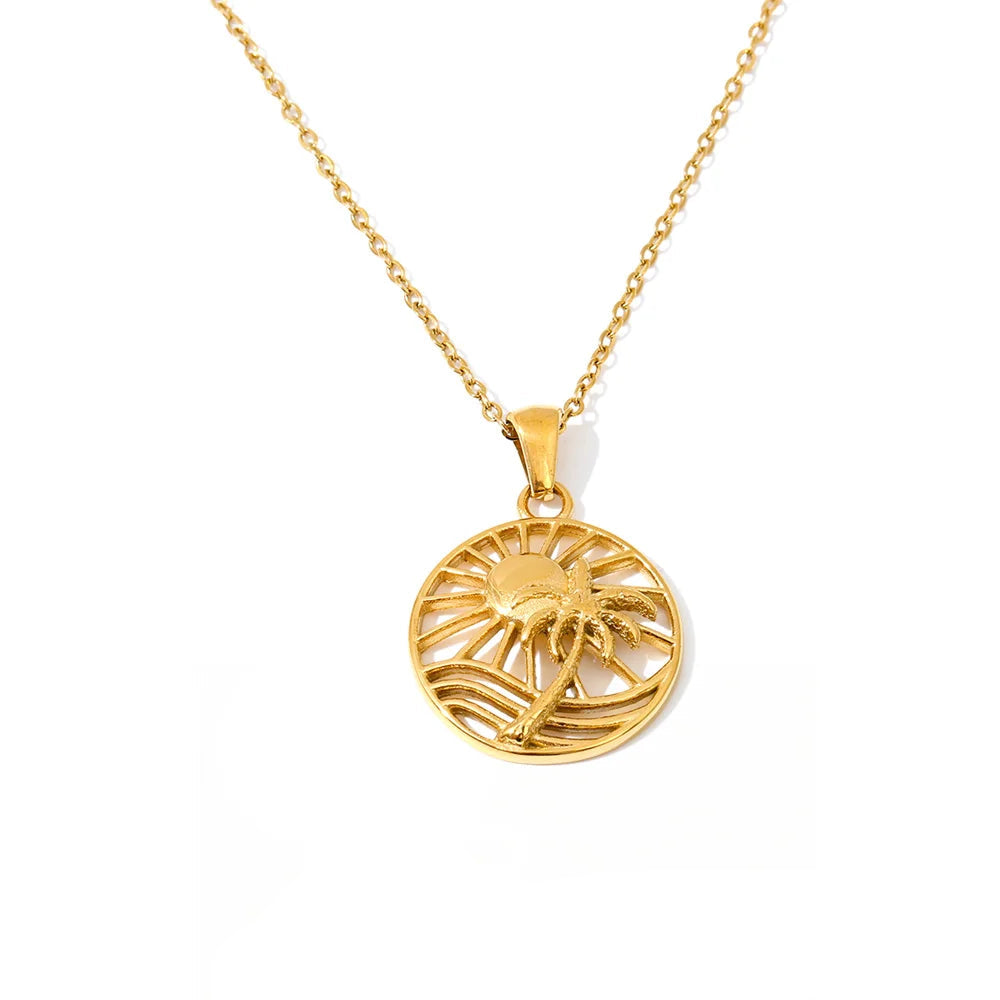 gold plated sun coconut tree round pendant necklace stainless steel for women