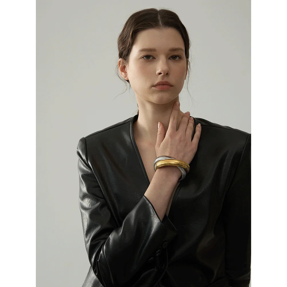 Close view of bracelet with gold showing smooth polished contour