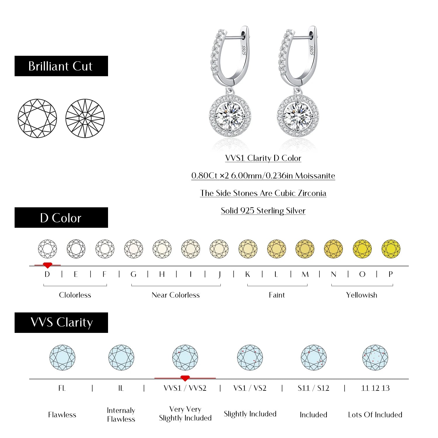 Soft light image of moissanite earrings with silver color finish