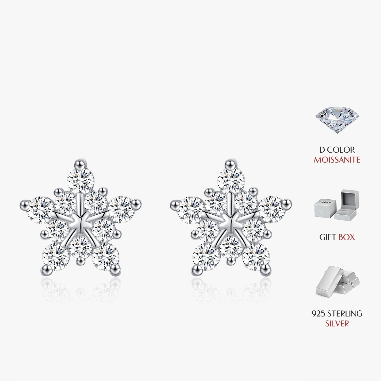 Close-up of VVS1 moissanite stones in snowflake design.