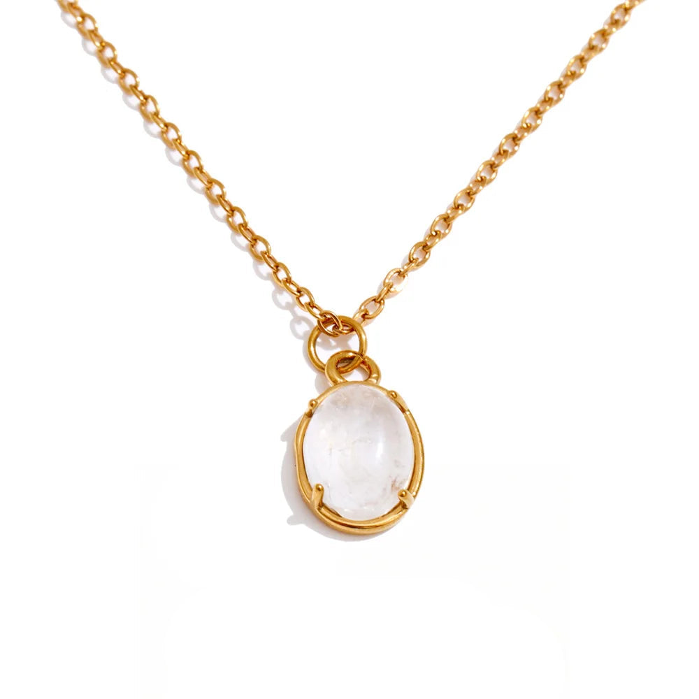 Natural stone oval pendant necklace with gold plated shine