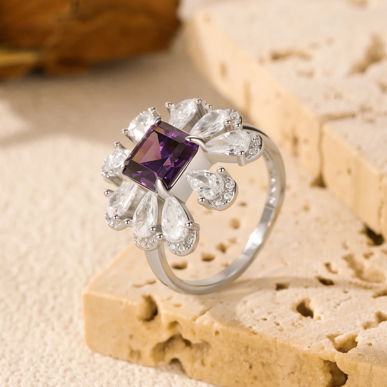 Flower ring violet color with Asscher facets silver band
