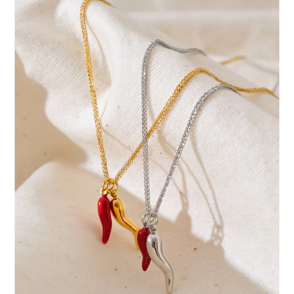 Vibrant red chili necklace with gold plated chain