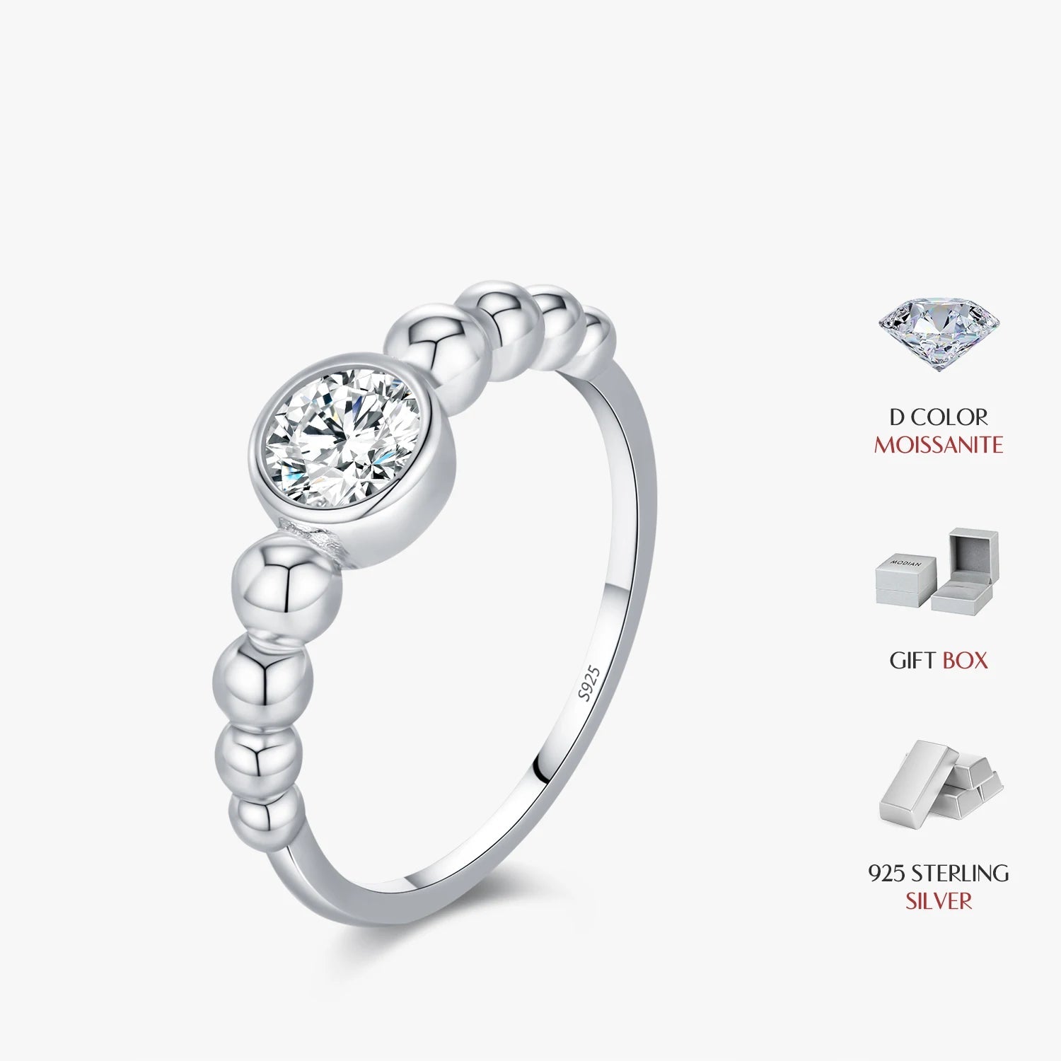 Close view of moissanite diamonds on a silver color sterling silver ring