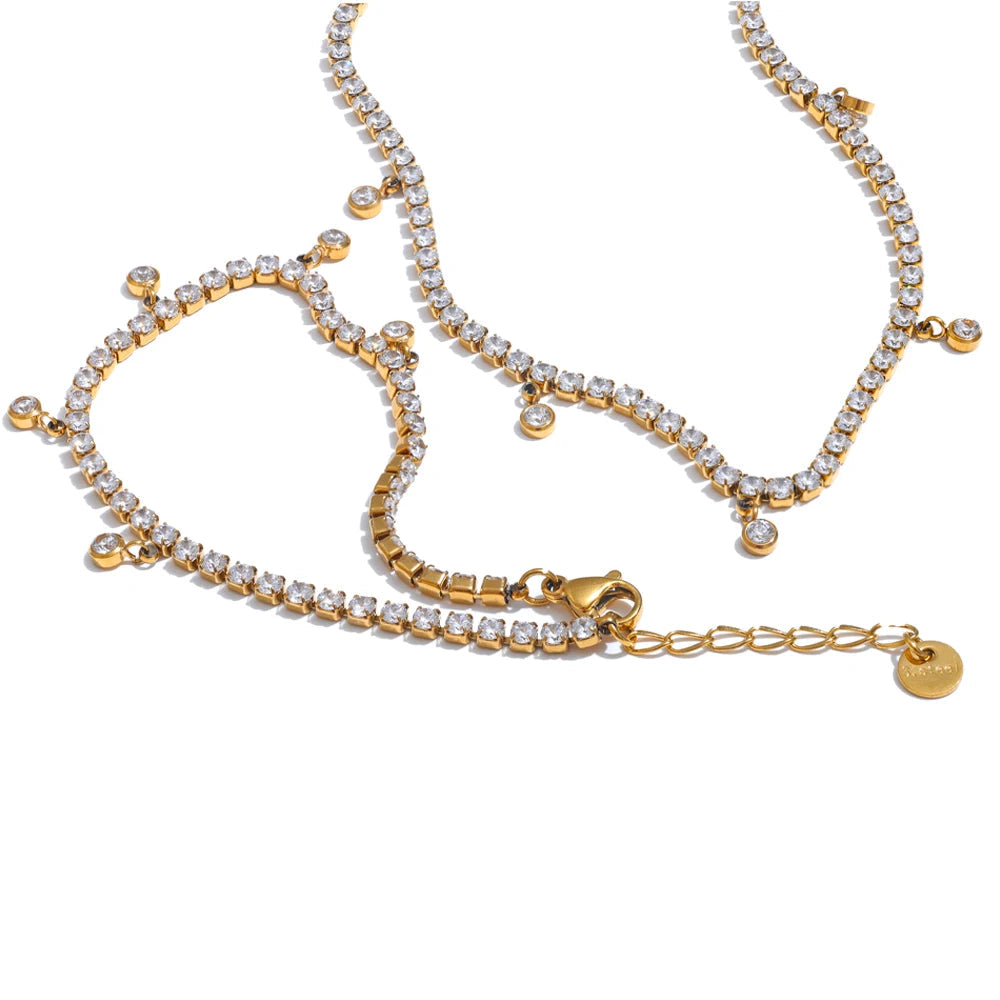 Glittering CZ chain necklace and bracelet set in gold plated finish