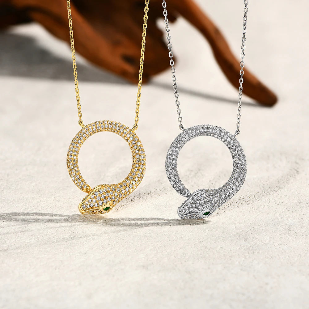 Snake pendant necklace in 925 sterling silver with moissanite and gold plating