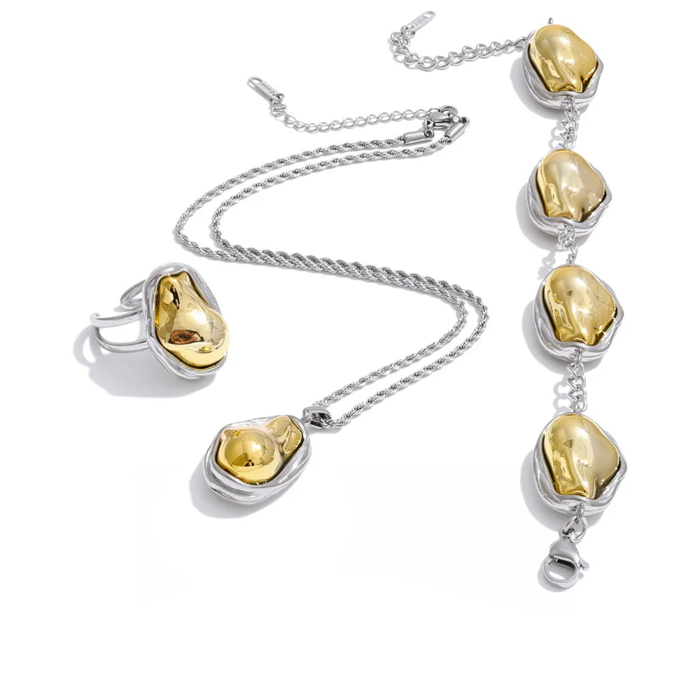 Baroque pearl pendant necklace bracelet ring jewelry set gold plated