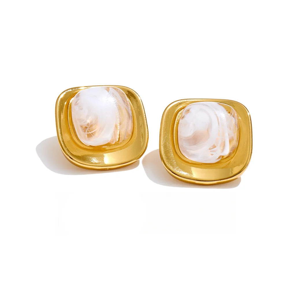 Gold plated white green resin square stud earrings in stainless steel
