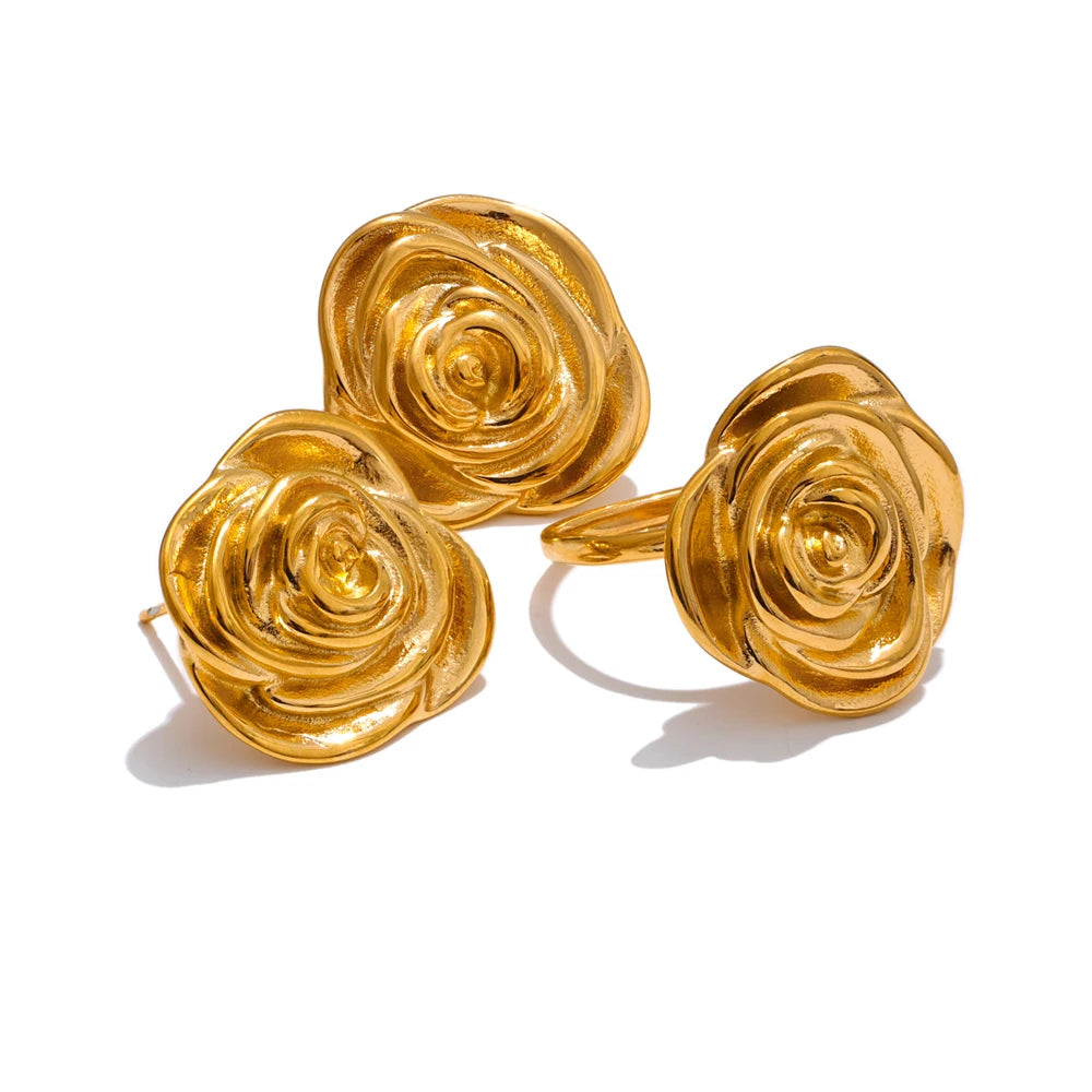 Flower earrings and gold ring jewelry set in a polished gold plated finish