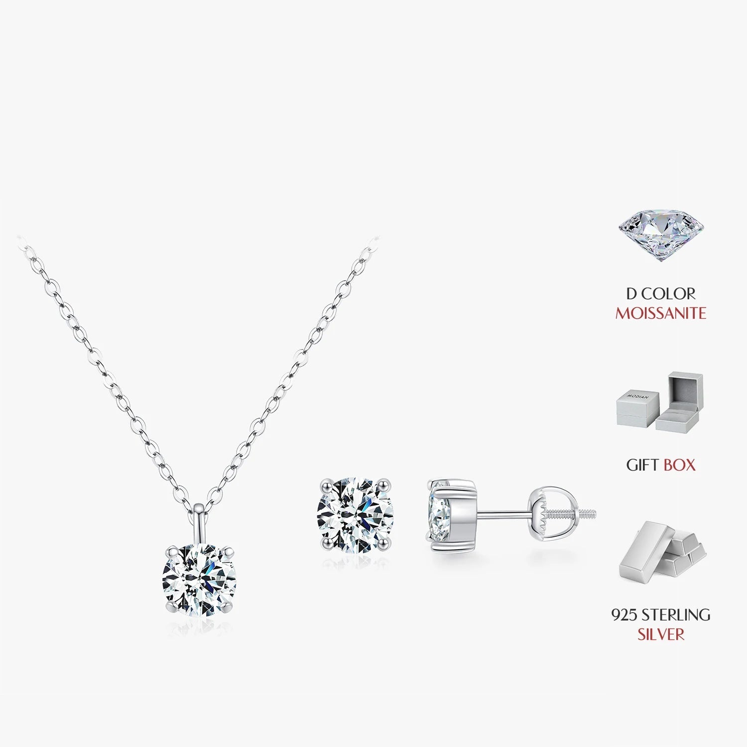 Close up of round moissanite jewelry pendant and matching earrings moissanite set in sterling silver