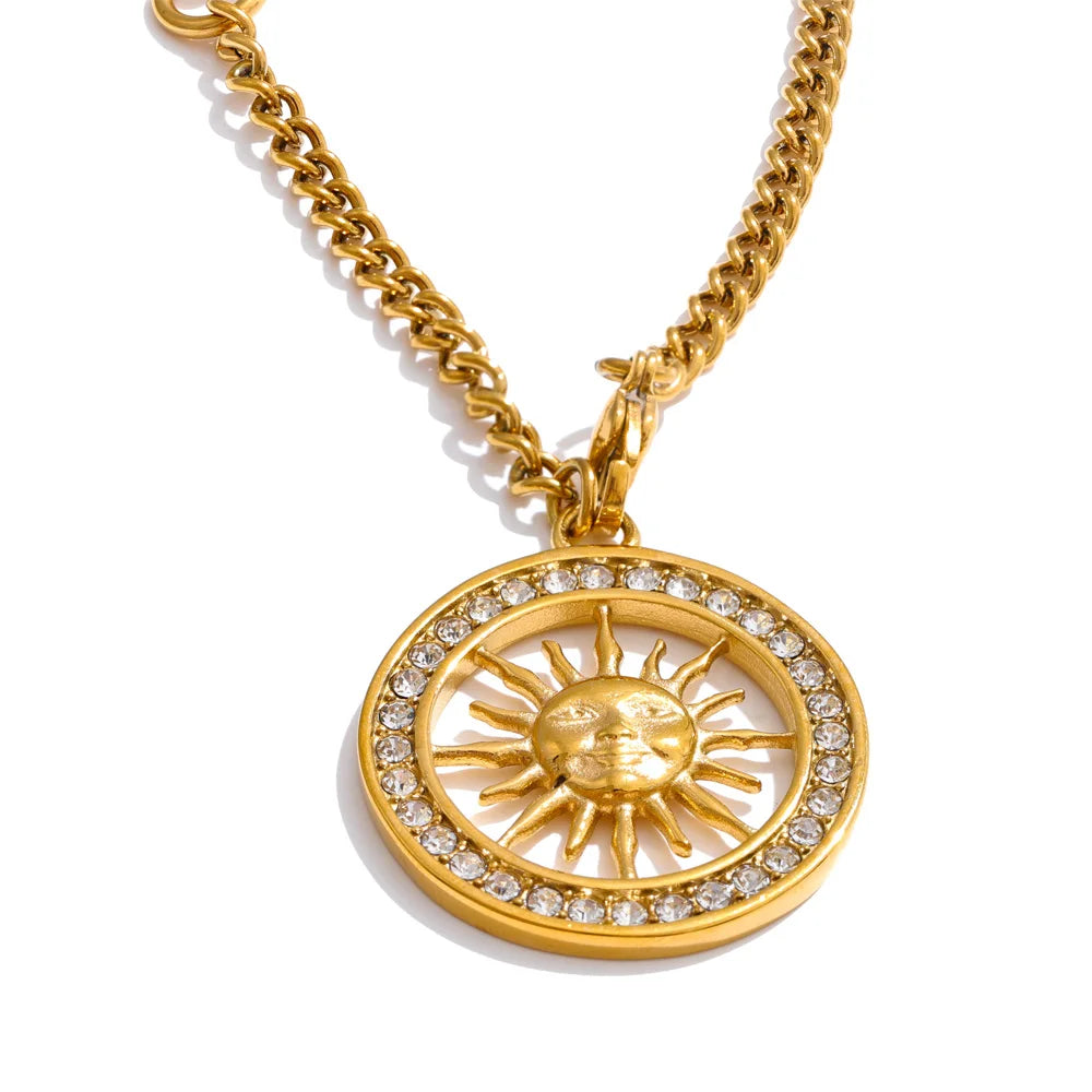 Fashion shot of gold necklace necklace gold style with sun hollow focal