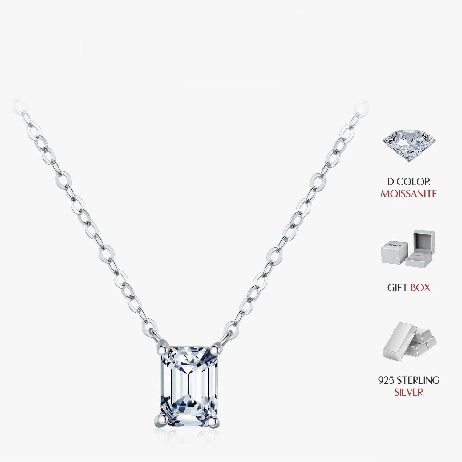 925 silver chain necklace with radiant emerald cut moissanite pendant