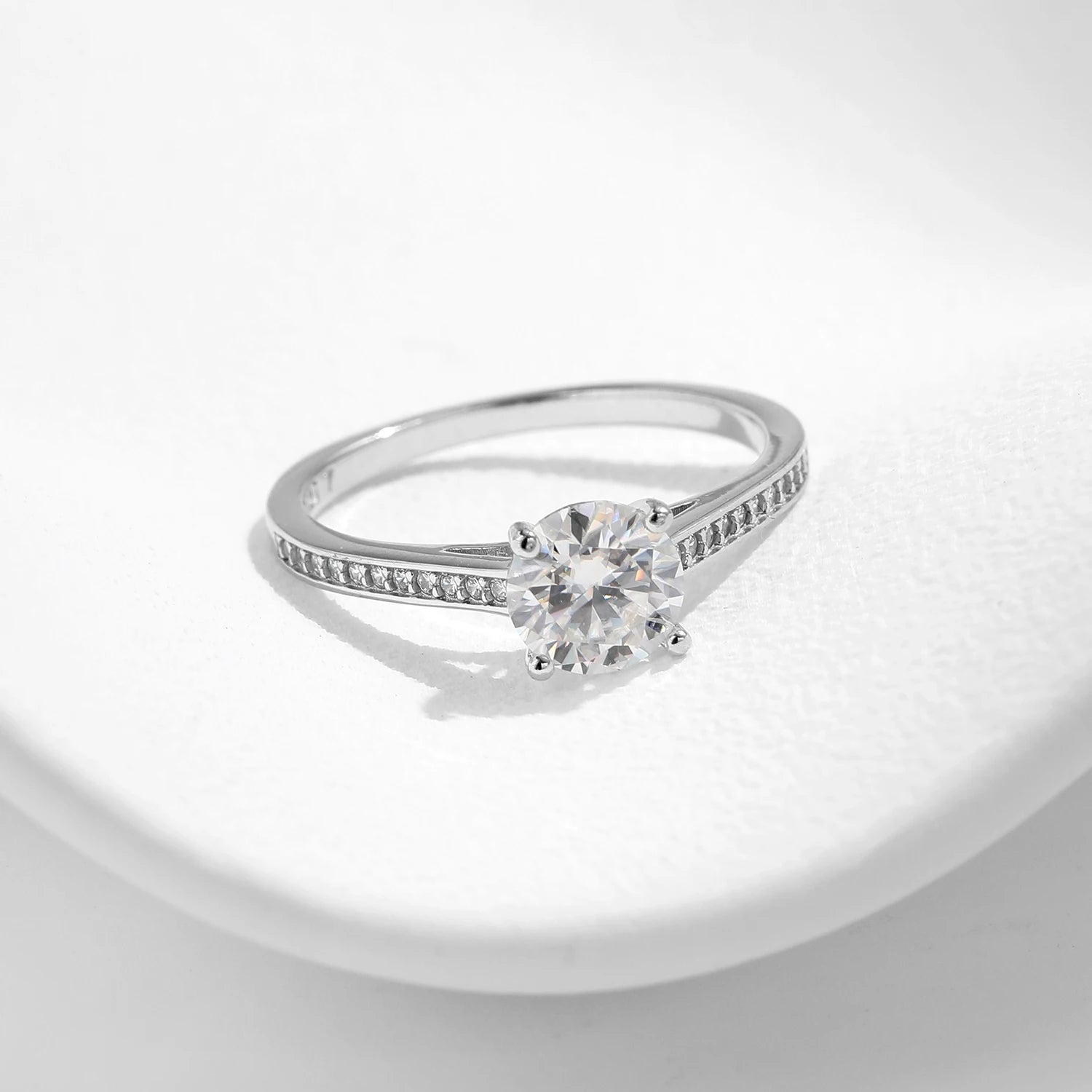 Moissanite ring featuring 1 carat diamond like sparkle in silver