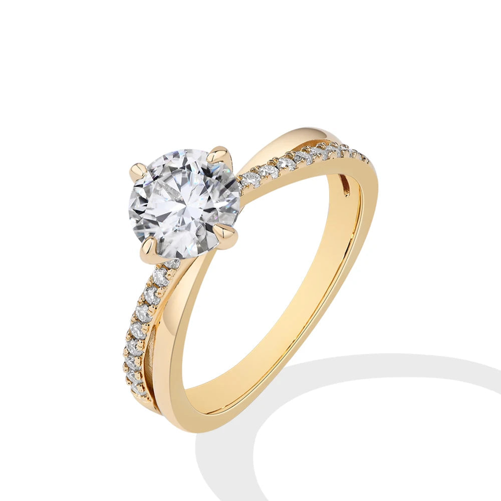 Gold ring with a large diamond and smaller diamonds on the band