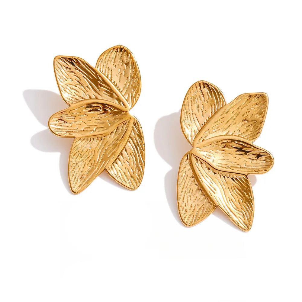 Gold plated stainless steel flower stud earrings for women