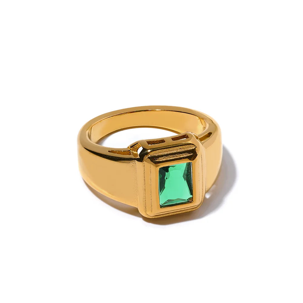 Modern stainless ring featuring white and green zirconia