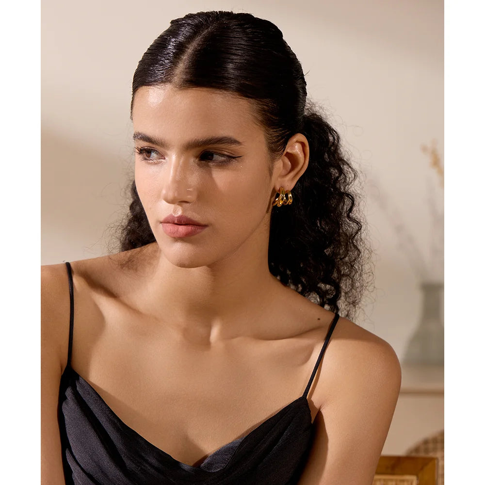 Gold plated stainless steel huggie earrings geometric design