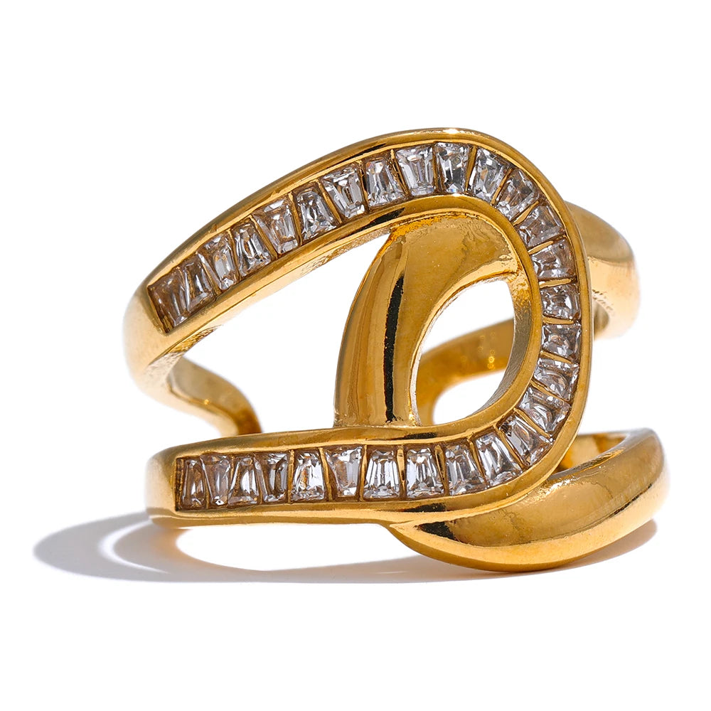 Open cubic zirconia ring in stainless steel with radiant stones