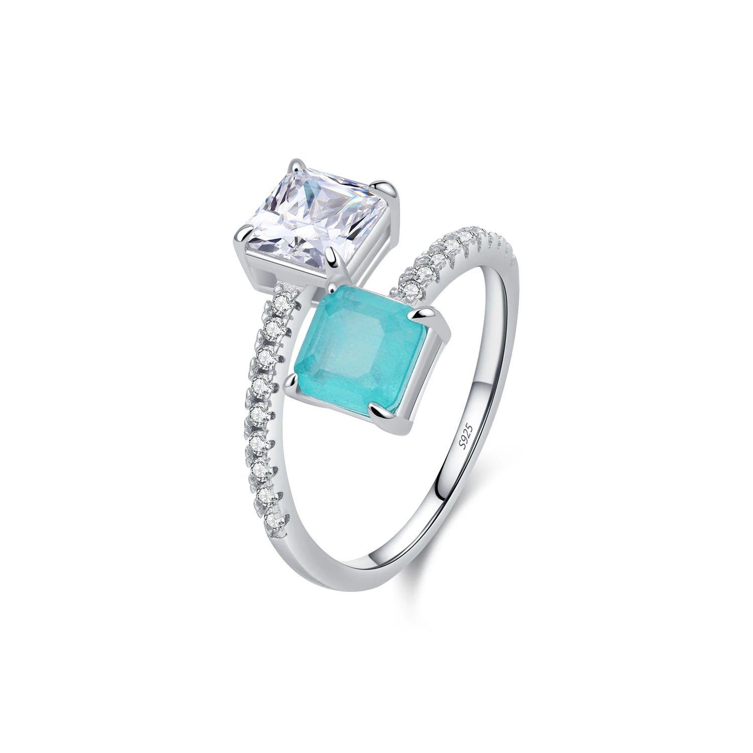 Silver color paraiba ring with square cz centerpiece