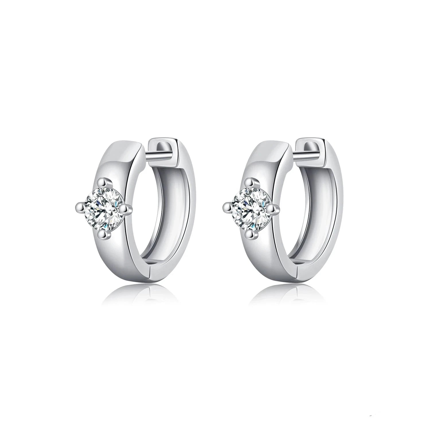 Round moissanite earring set on a sterling silver hoop