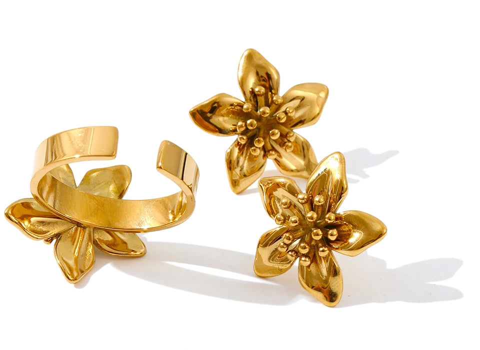Product angle of gold earrings gold with delicate gold flower accents
