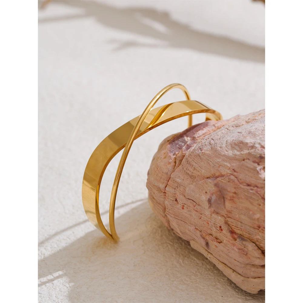 Close up of gold plated edges on a sleek cuff bracelet